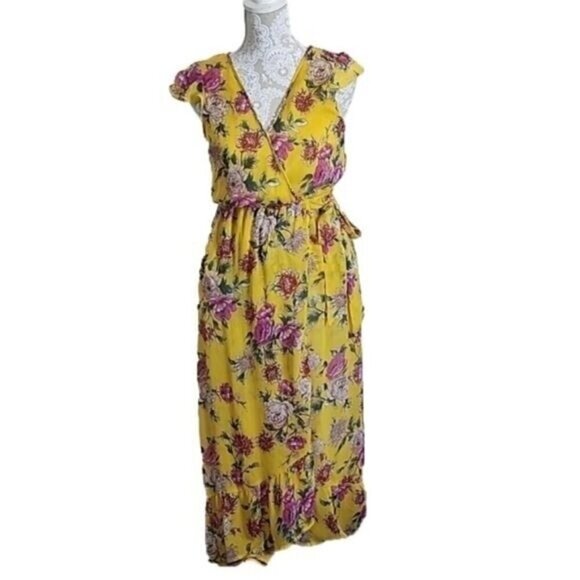 Band of Gypsies Dress Midi Hi-Low Yellow Floral Faux Wrap Lined Flowy Women's XS - Picture 1 of 7